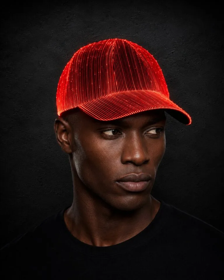 Man wearing a glowing red LED hat