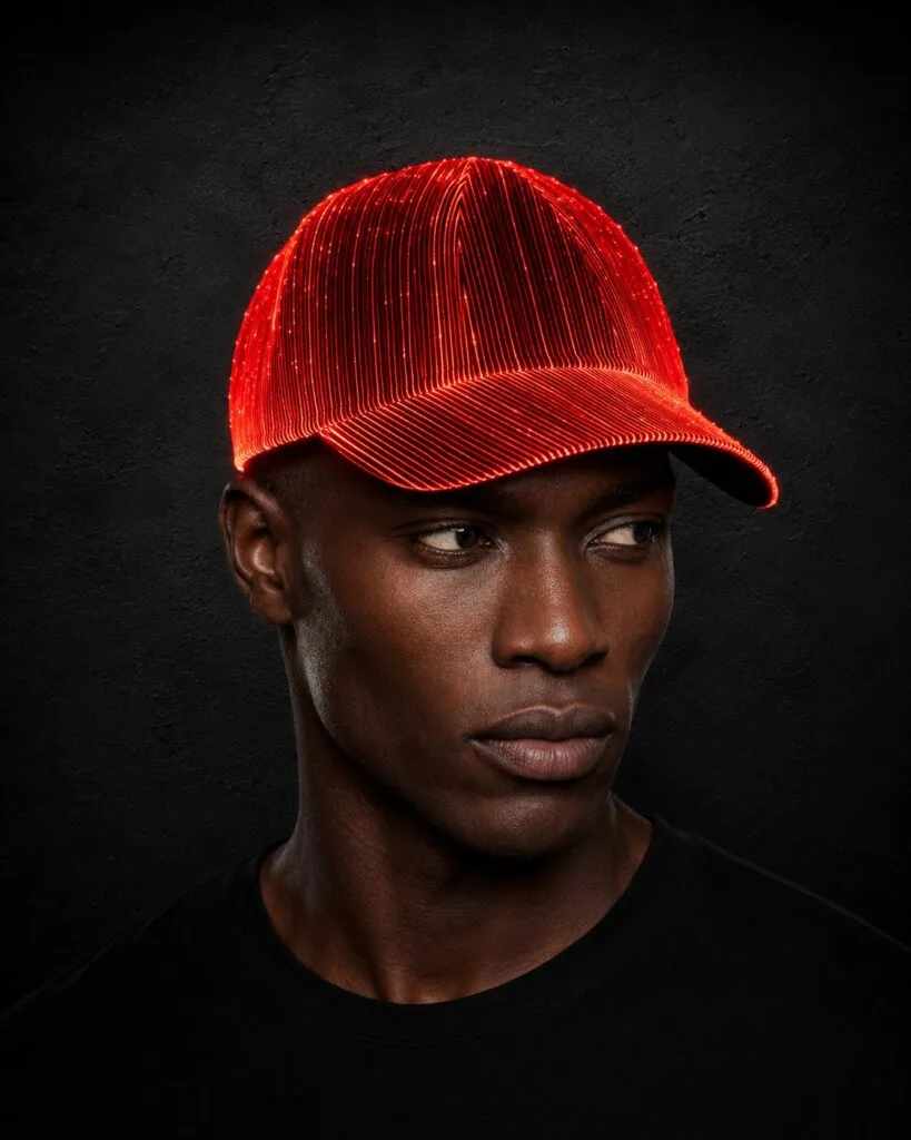 Man wearing a glowing red LED hat