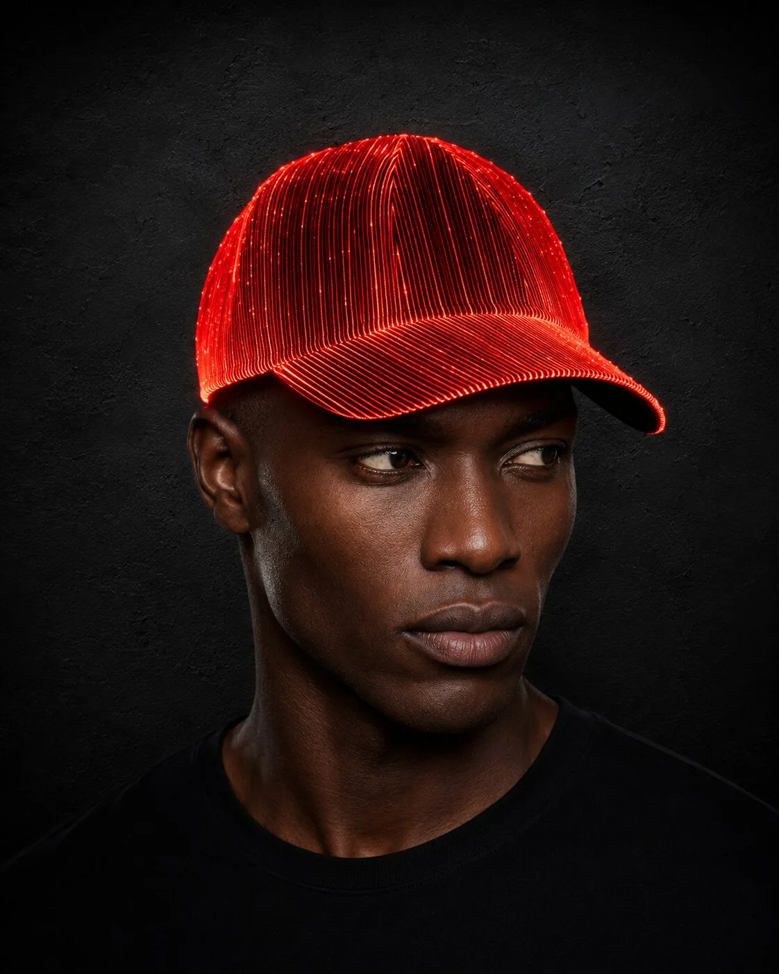 LED Hat Man wearing a glowing red LED hat