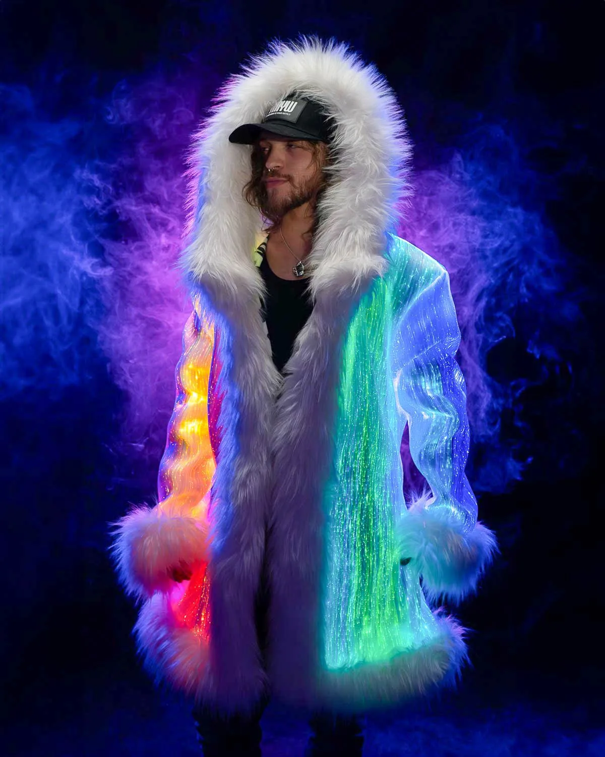 Winter Rave Outfits Fiber Optic LED Light Up Faux Fur Boohoo Coat | YMYW brand