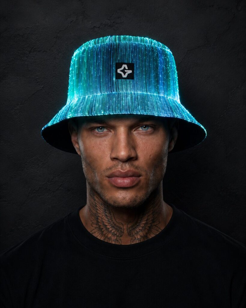 Man wearing a glowing LED bucket hat lit up in cyan and white