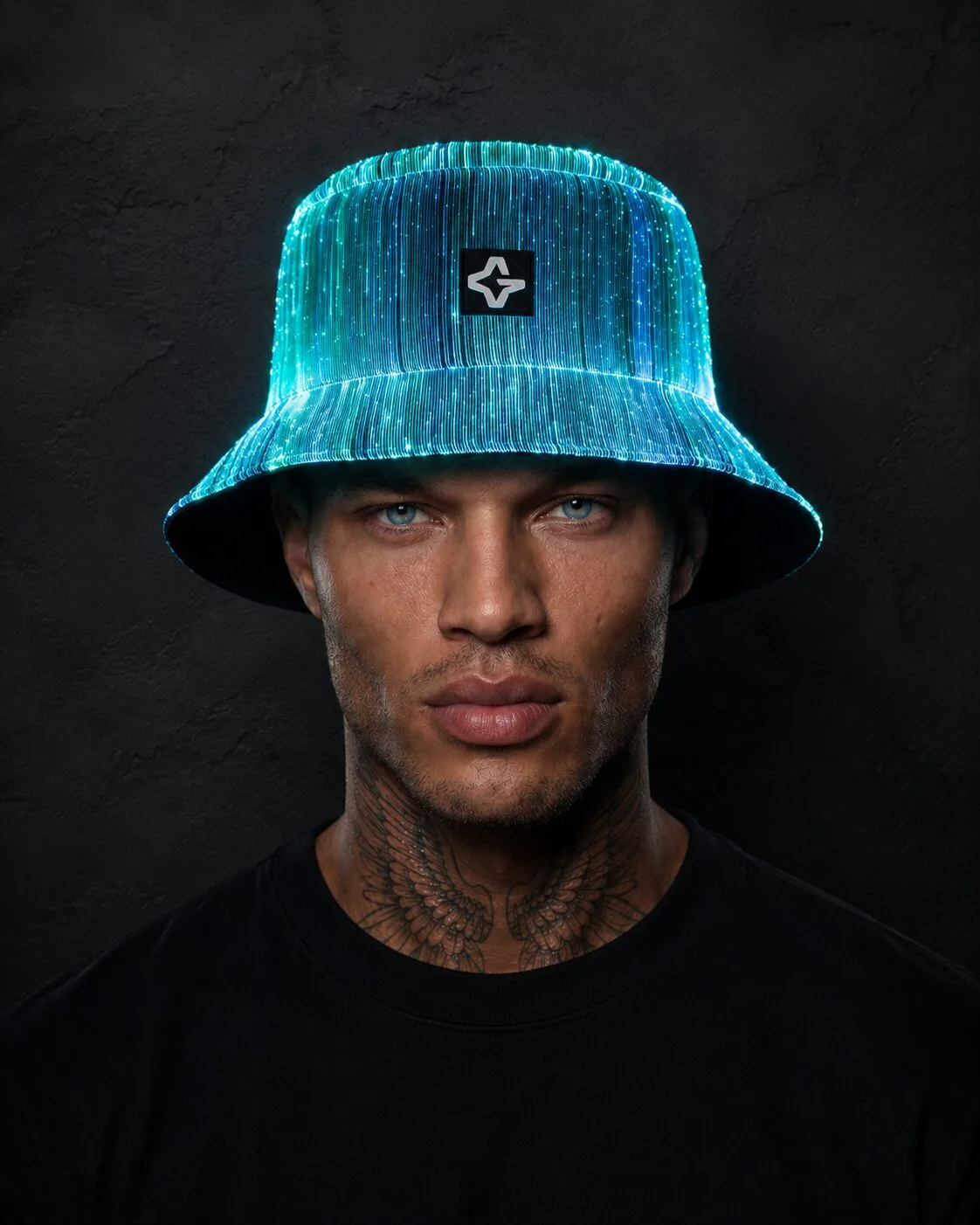 LED Bucket Hat Man wearing a glowing LED bucket hat lit up in cyan and white
