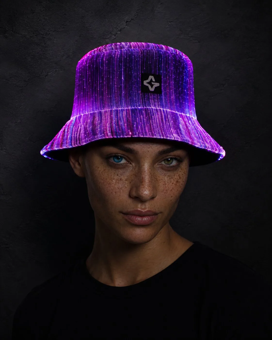 Woman wearing a purple glowing LED bucket hat