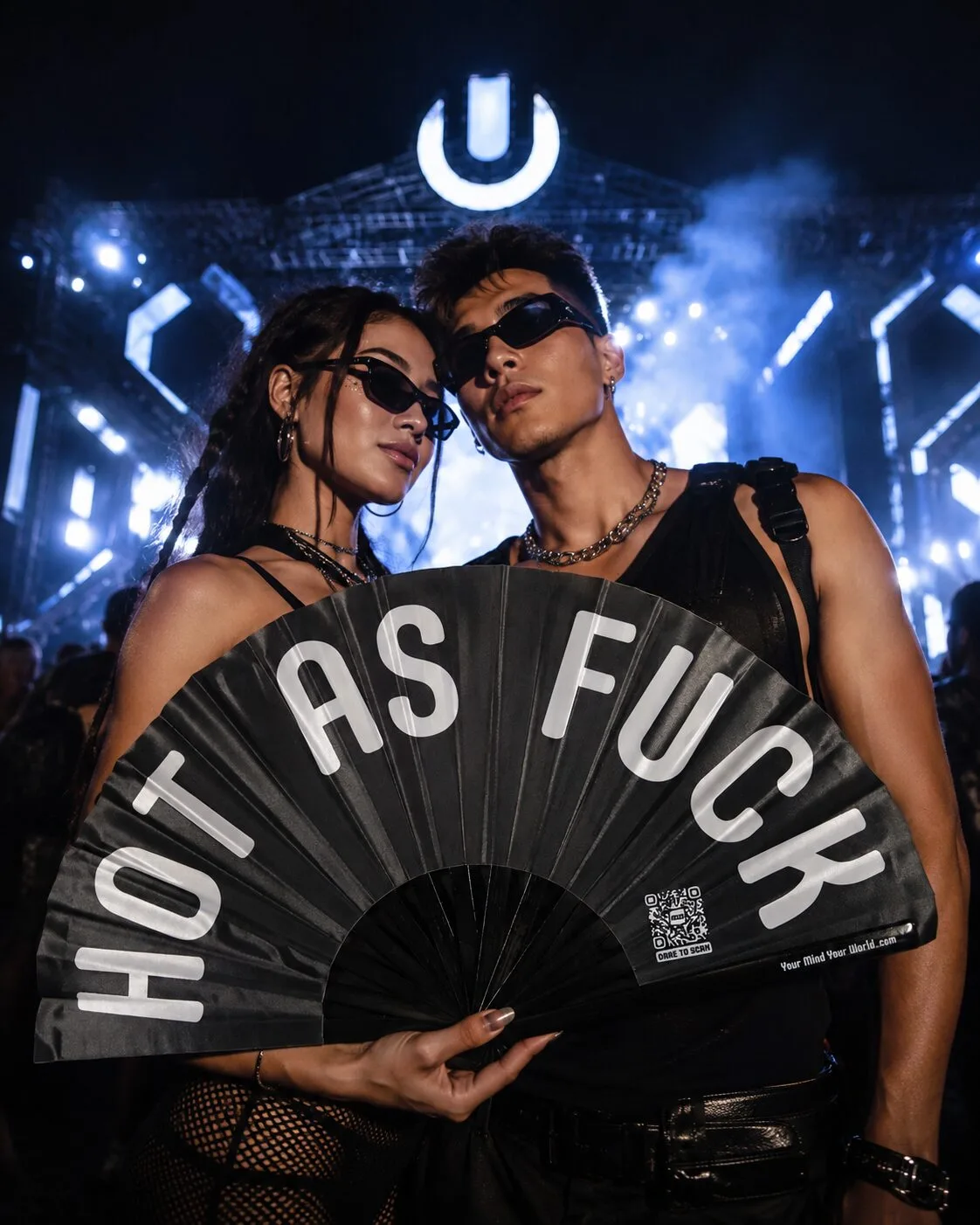 YMYW "Hot As Fuck" oversized clack fan, 25-inch black bamboo and satin fan with white slogan