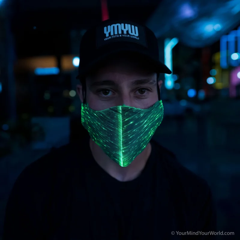 Male model close-up wearing YMYW green LED light-up mask — fiber-optic face mask glowing