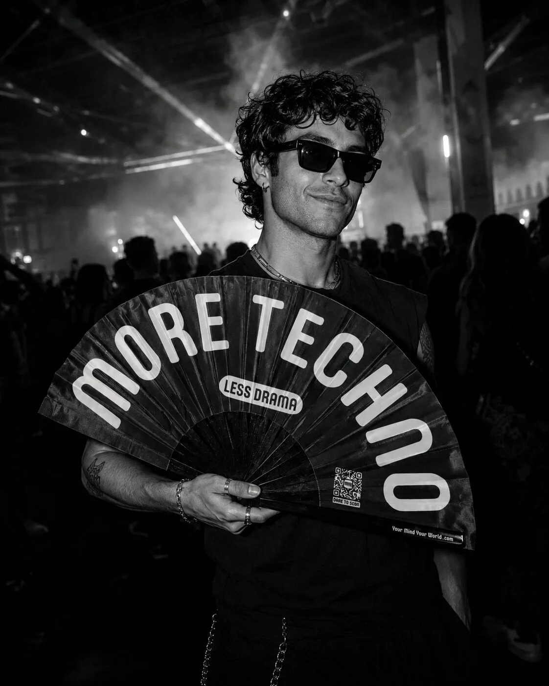 YMYW "More Techno Less Drama" oversized rave fan, 25-inch black clack fan with bold white text