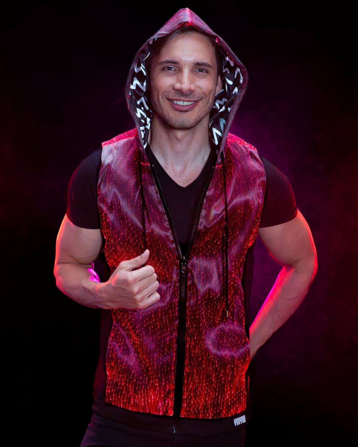 YMYW LED Sleeveless Hoodie — fiber-optic light-up sleeveless hoodie for men