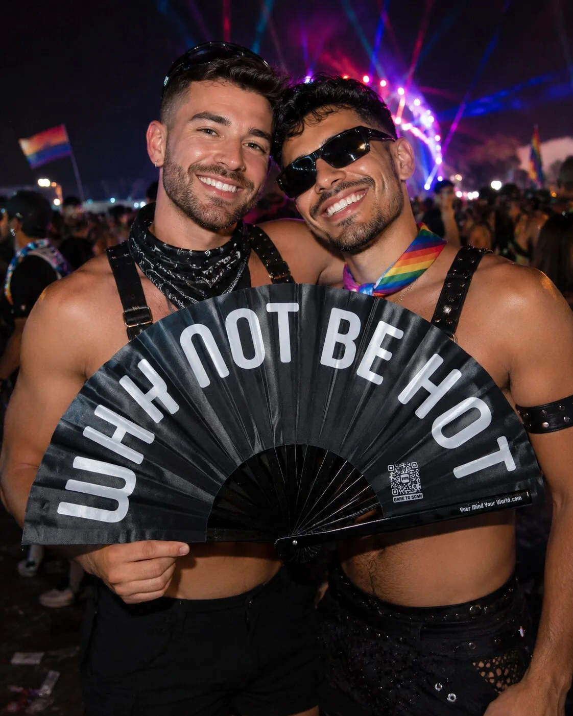 YMYW "Why Not Be Hot" oversized Pride fan, 25-inch black clack fan with bold white text