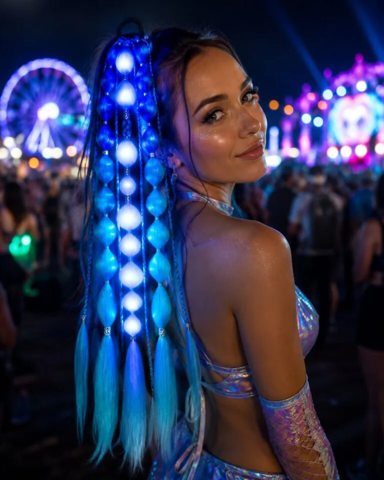 Light-up blue rave hair extension glowing after dark