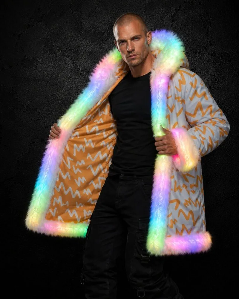 Man in an orange and white LED fur coat with rainbow-glowing white fur trim, full length