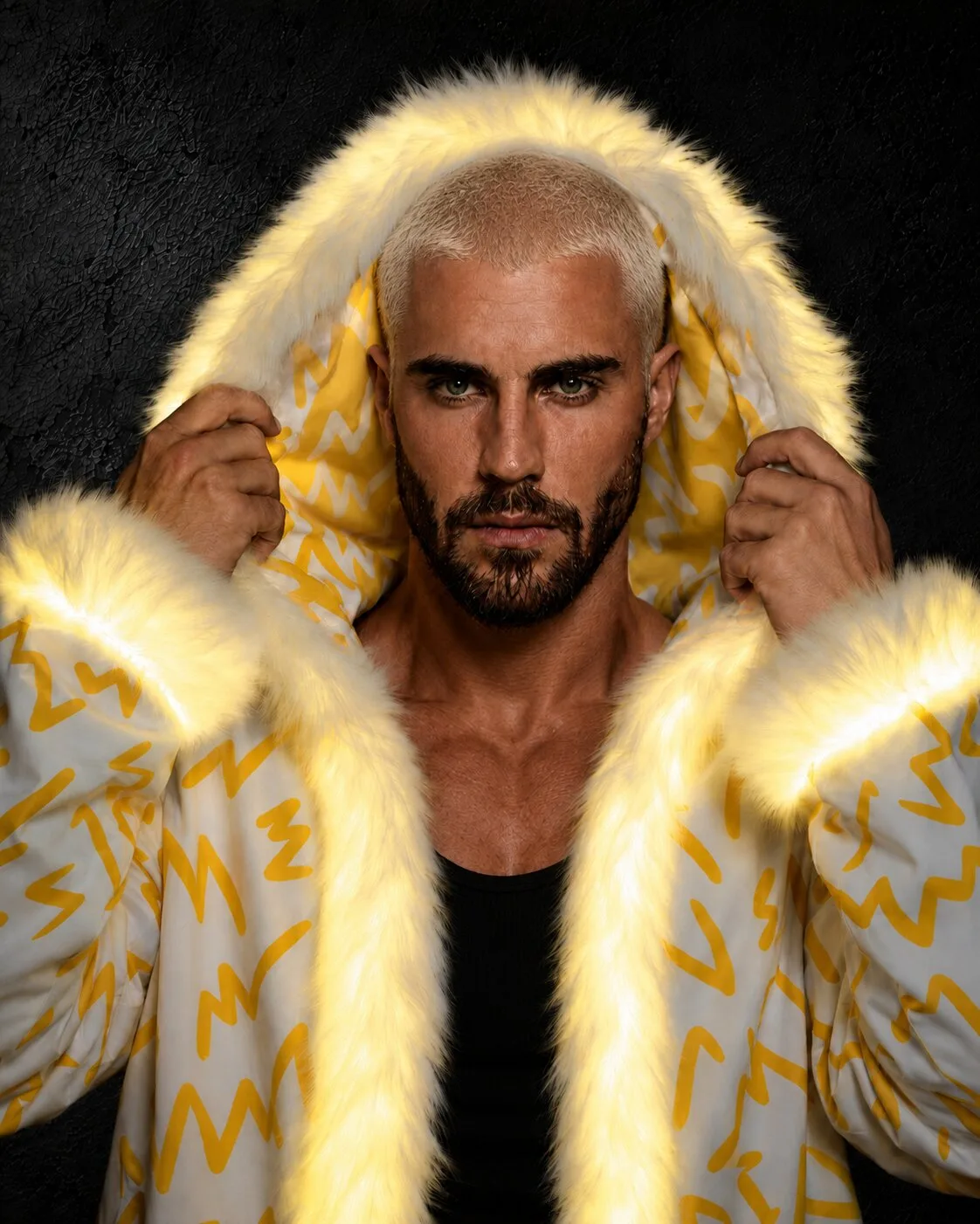 Yellow and white LED fur coat for Burning Man, glowing yellow fur hood up