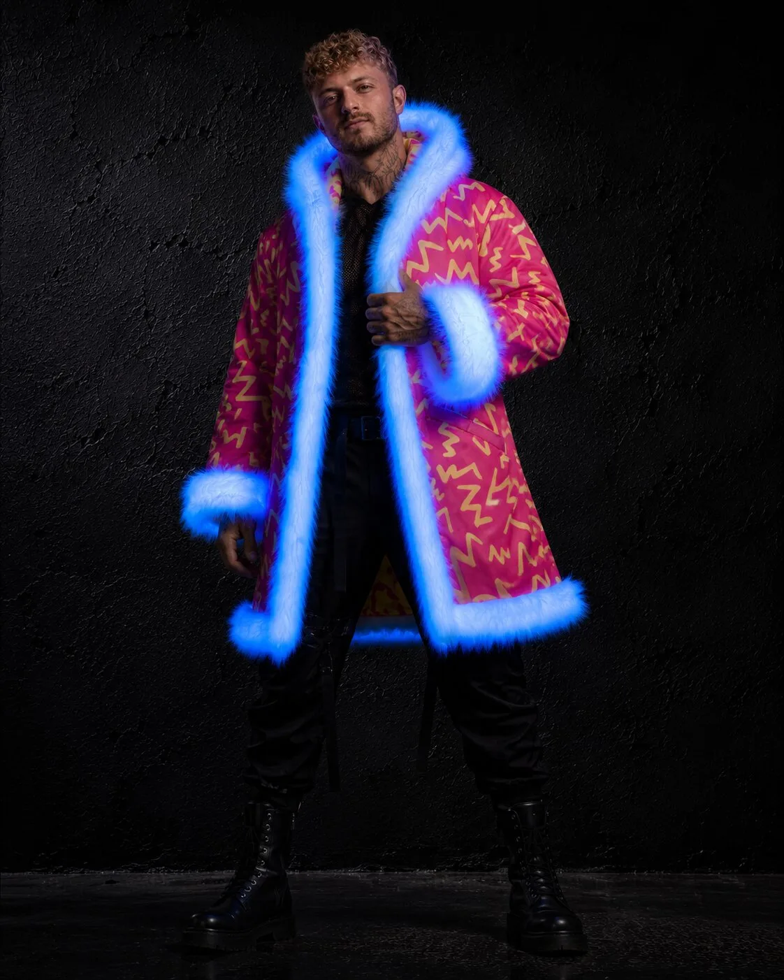 Red and yellow LED fur coat glowing blue, full length