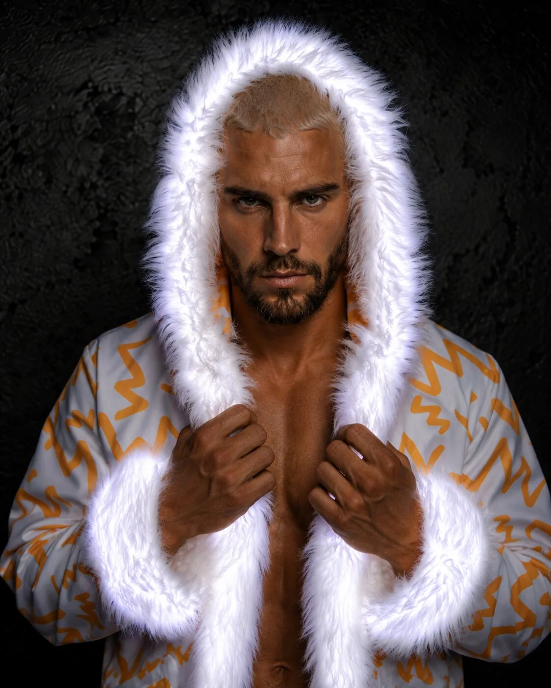 Men's orange and white LED fur coat, white glowing fur hood up