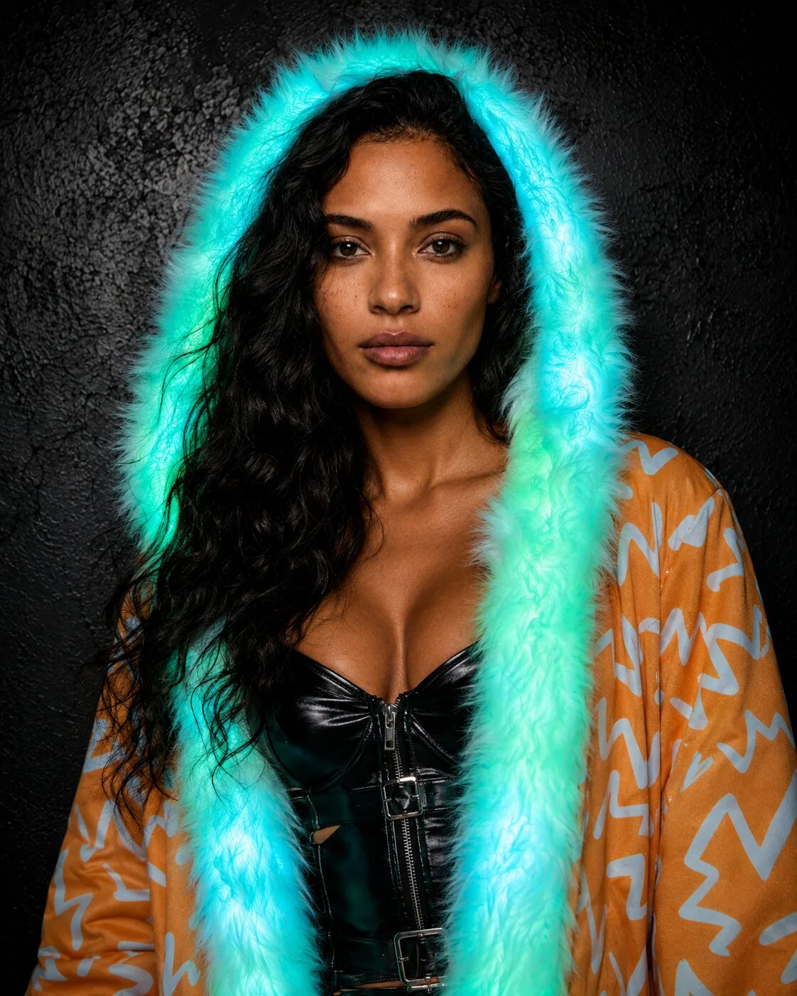 Woman in an orange and white LED fur coat for Burning Man, cyan glowing hood