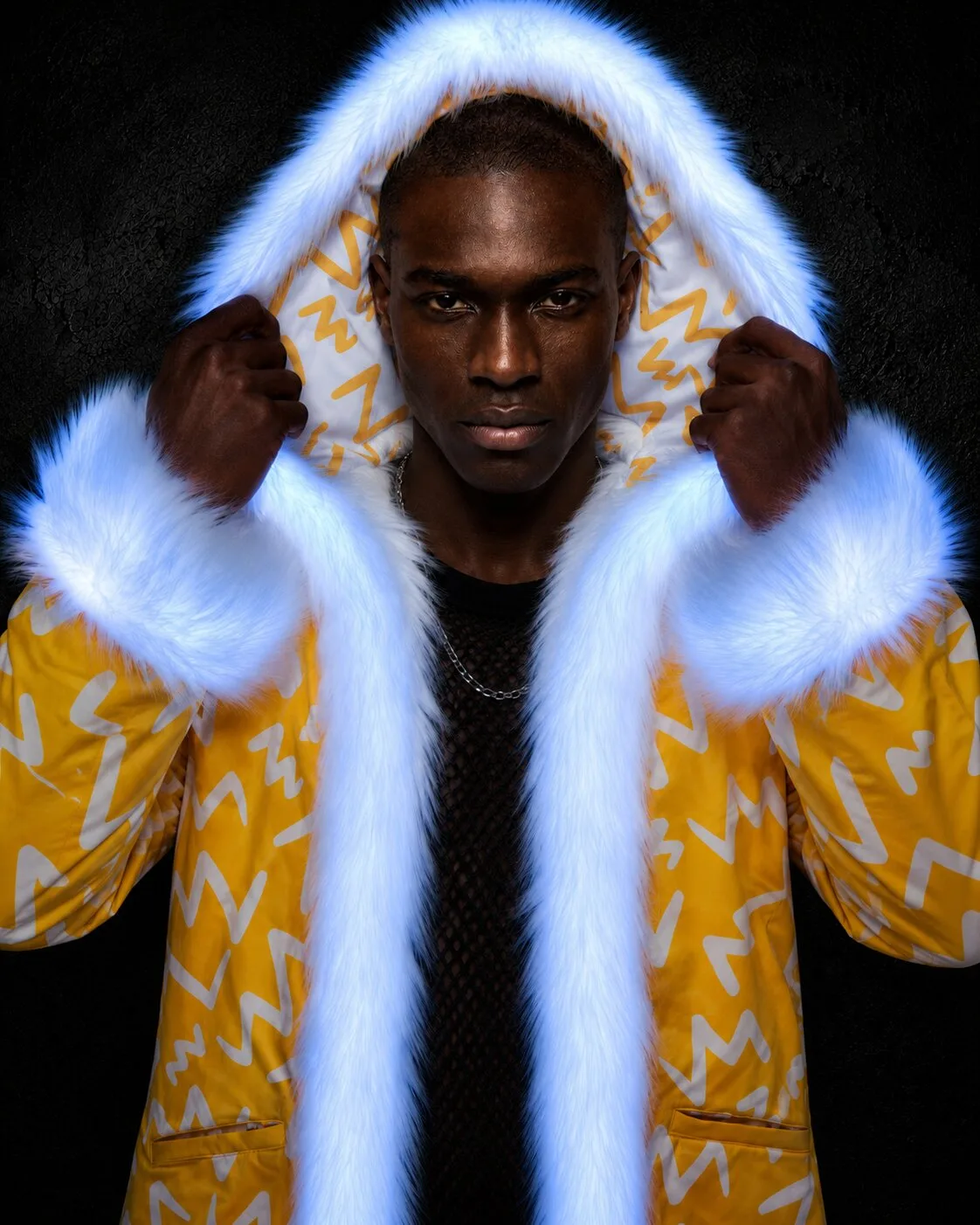 Men's yellow and white LED fur coat, blue-white glowing hood up