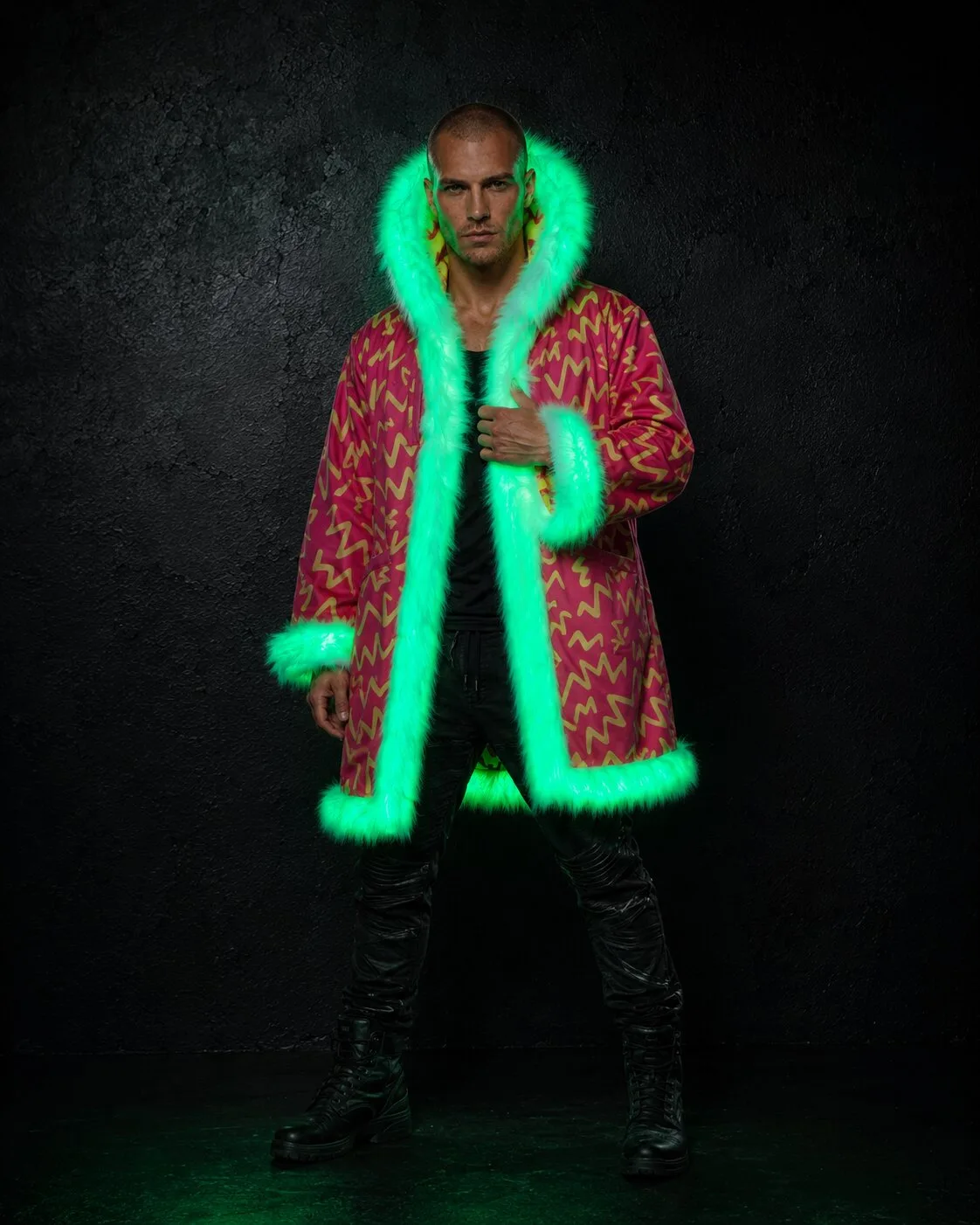 Red and yellow LED fur coat glowing green, full length