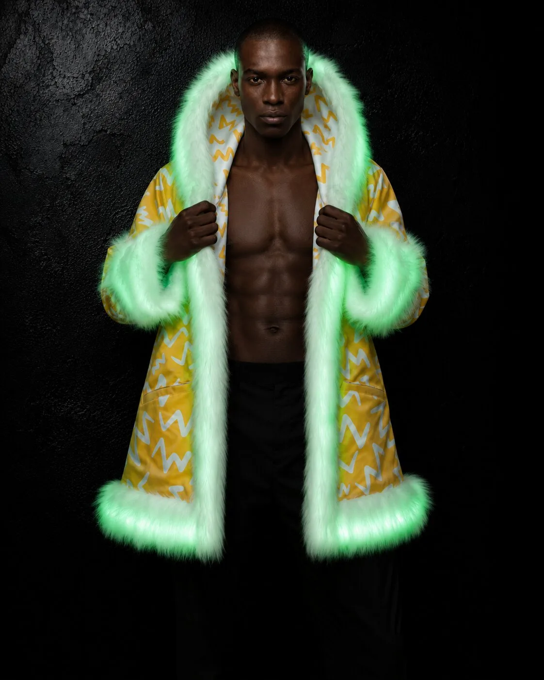 Color-changing yellow and white LED fur coat glowing green, worn open