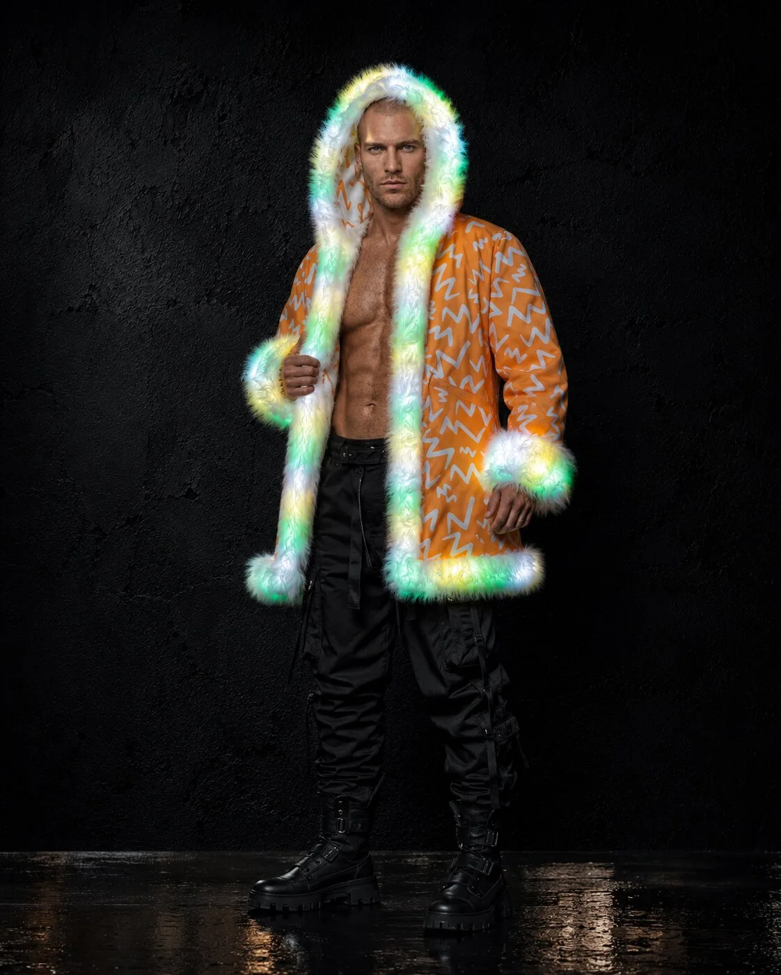 Orange and white LED fur coat, rainbow glow, worn open