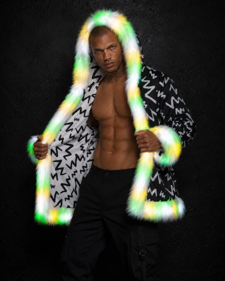 Men's black and white LED fur coat glowing green, worn open