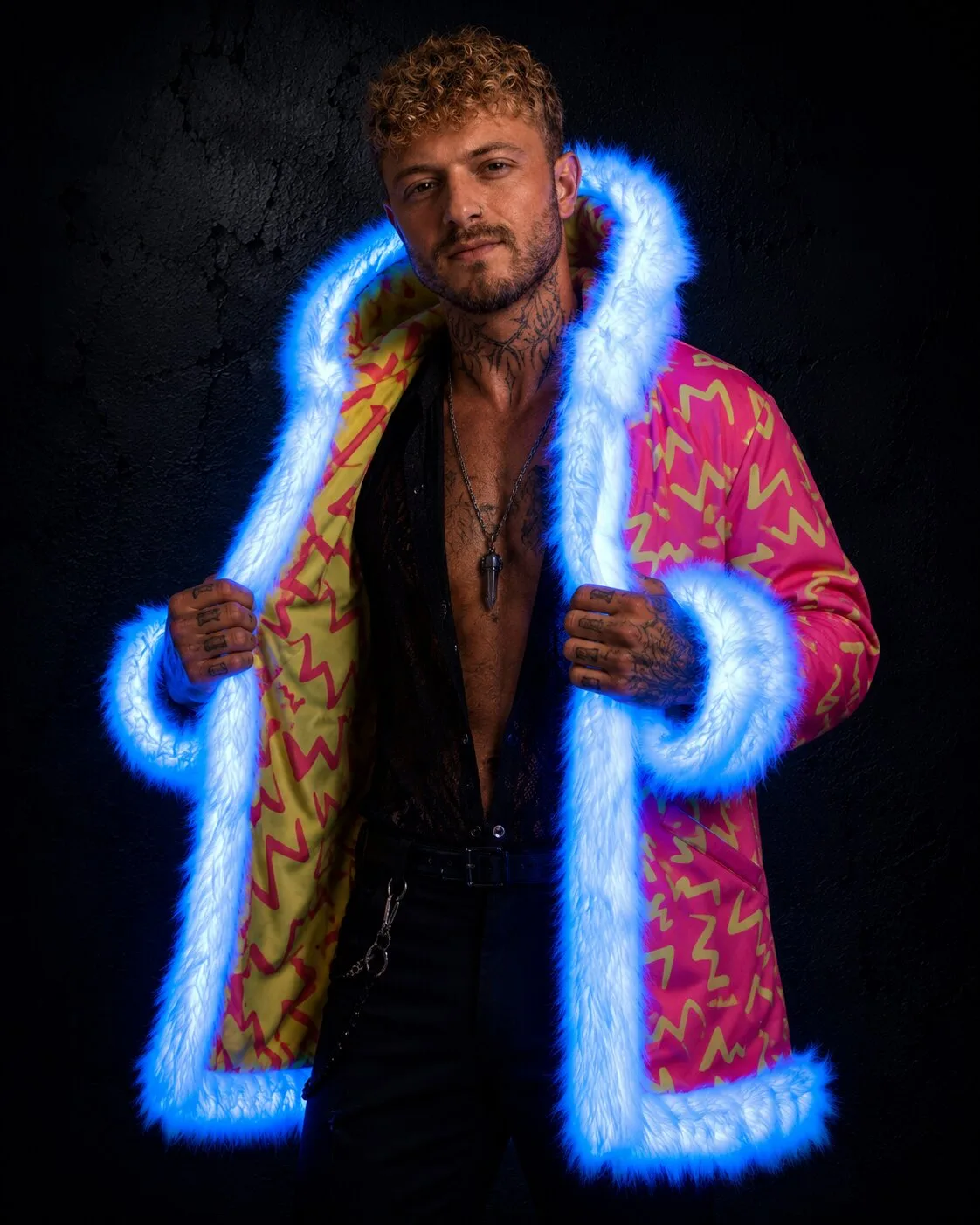 Men's red and yellow LED fur coat, glowing trim, worn open