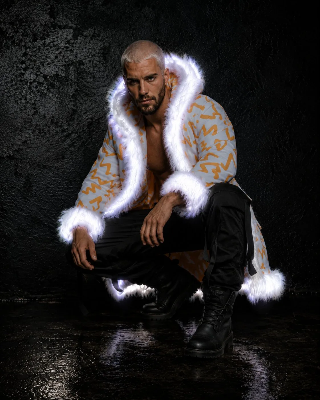 Orange and white LED fur coat glowing white, crouching
