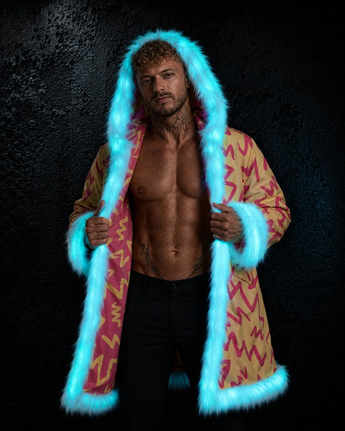 Red and yellow LED fur coat glowing cyan, worn open