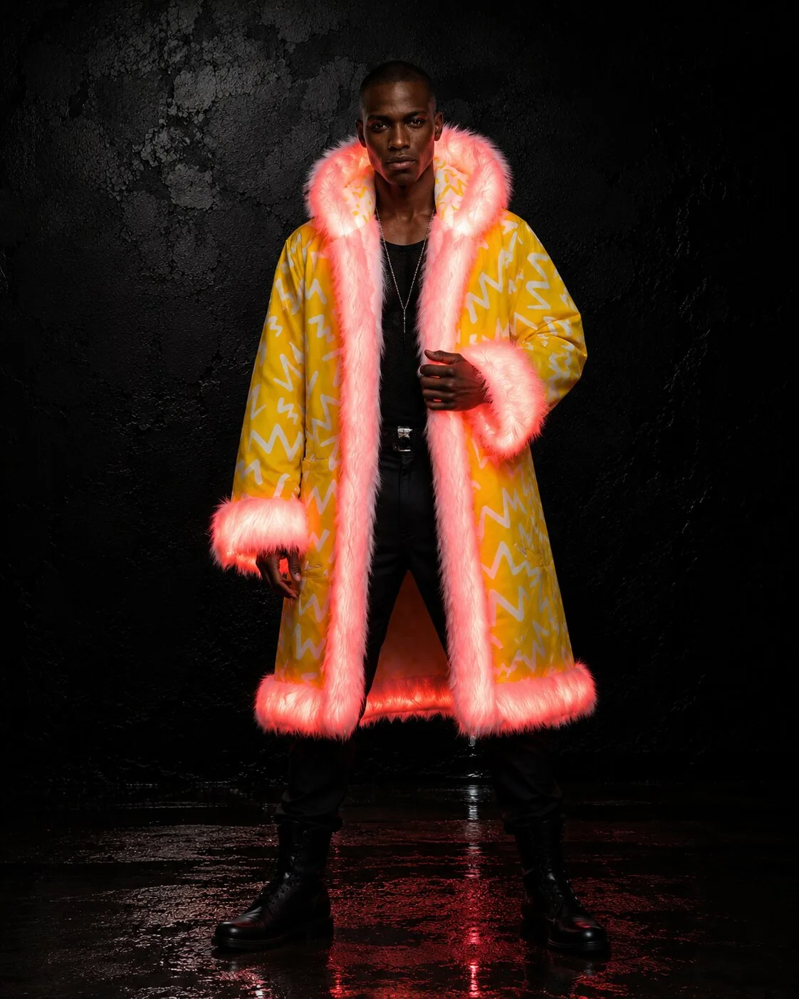 Yellow and white LED fur coat with pink and red glowing hood