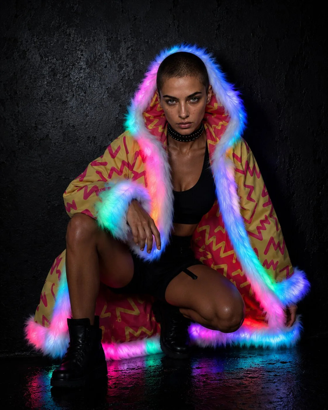 Color-changing red and yellow LED fur coat with rainbow glowing hood