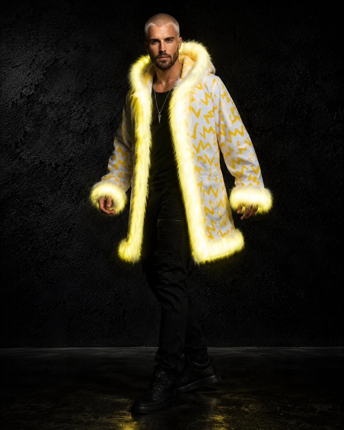 Yellow and white LED fur coat glowing yellow, worn open