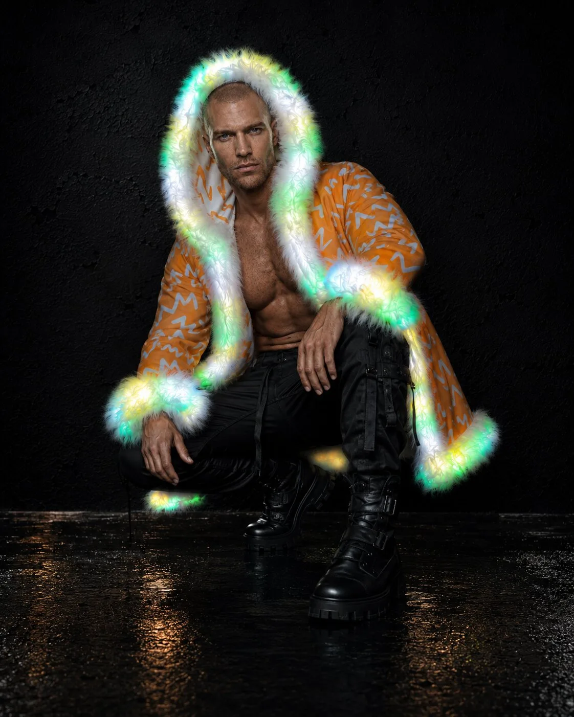 Men's orange and white LED fur coat, crouching, glowing trim