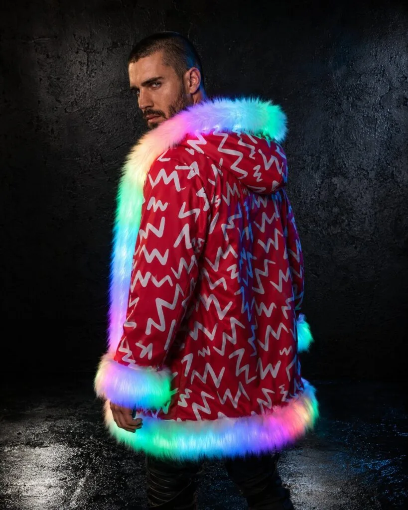 Red and white LED fur coat glowing rainbow, side view