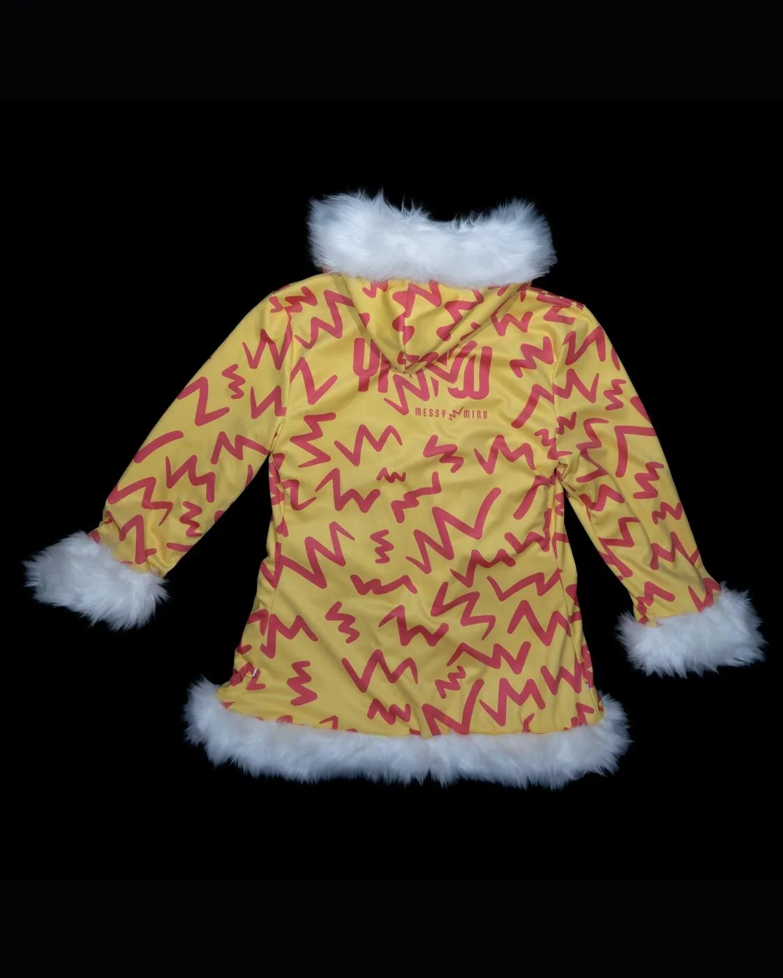 Red and yellow LED fur coat, unlit daytime view showing the print