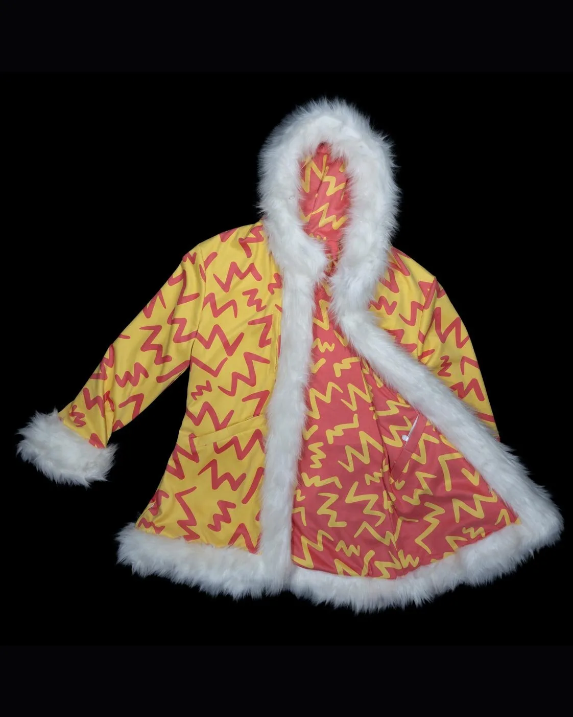 Red and yellow LED faux fur coat, front, lights off