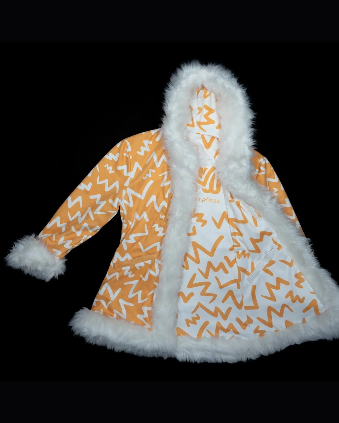 Orange and white LED fur coat with hood, lights off