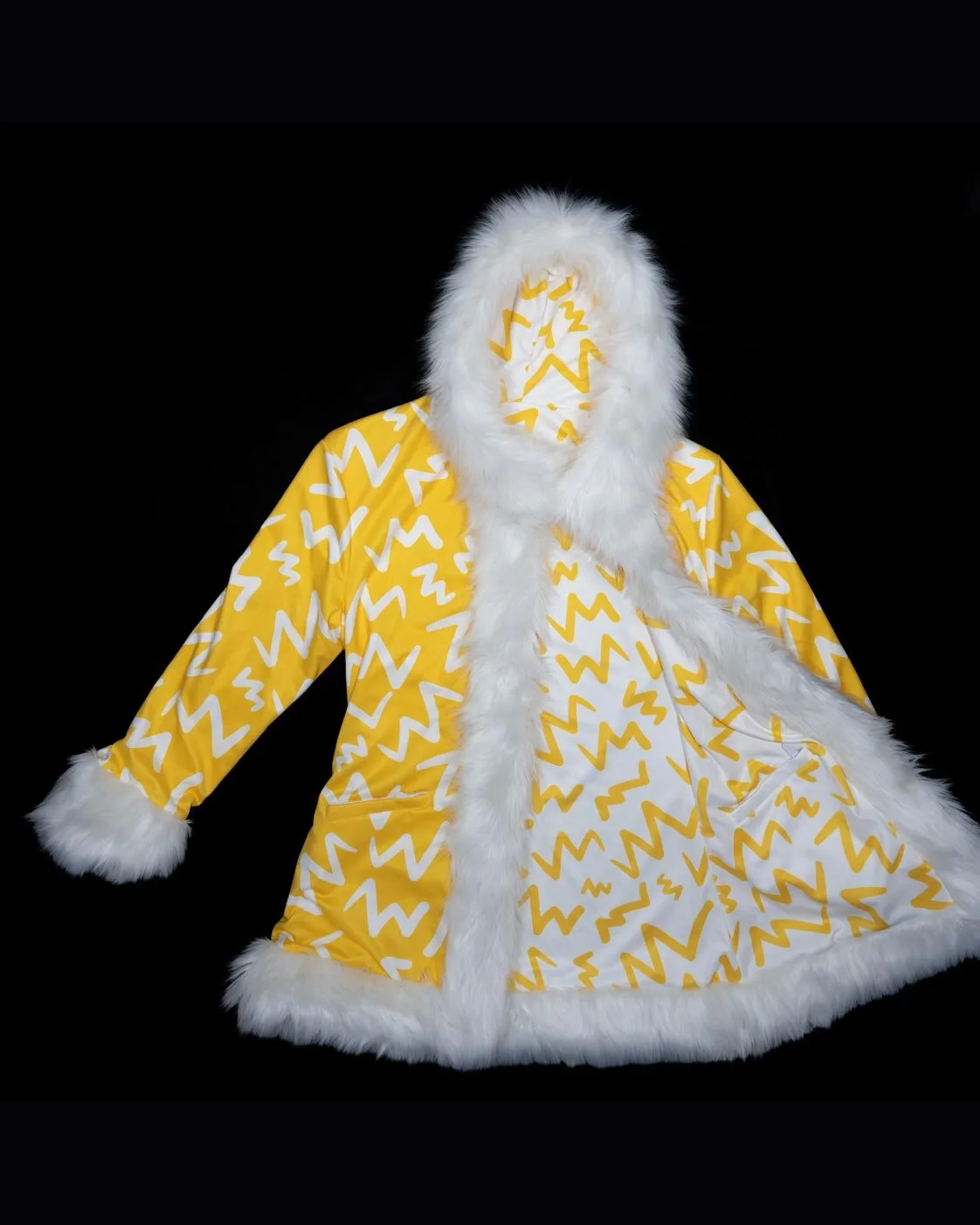 Yellow and white LED fur coat with hood, lights off