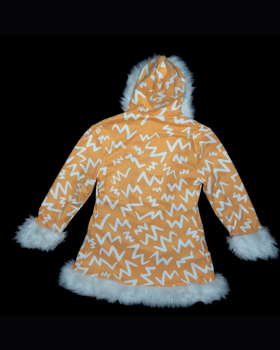 Orange and white LED faux fur coat, back, lights off