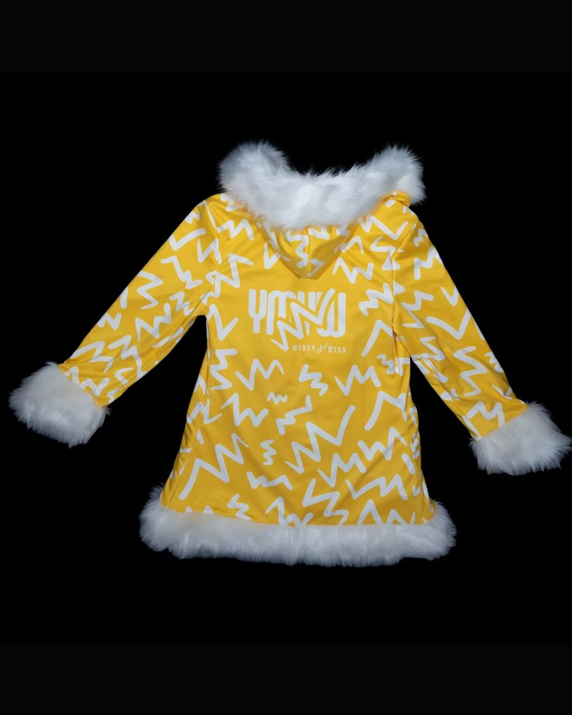 Yellow and white LED faux fur coat, front, lights off