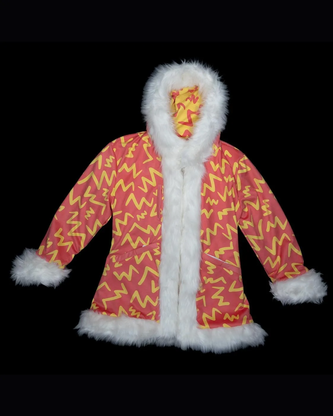 Reversible LED fur coat, red-and-orange side, hood up, unlit