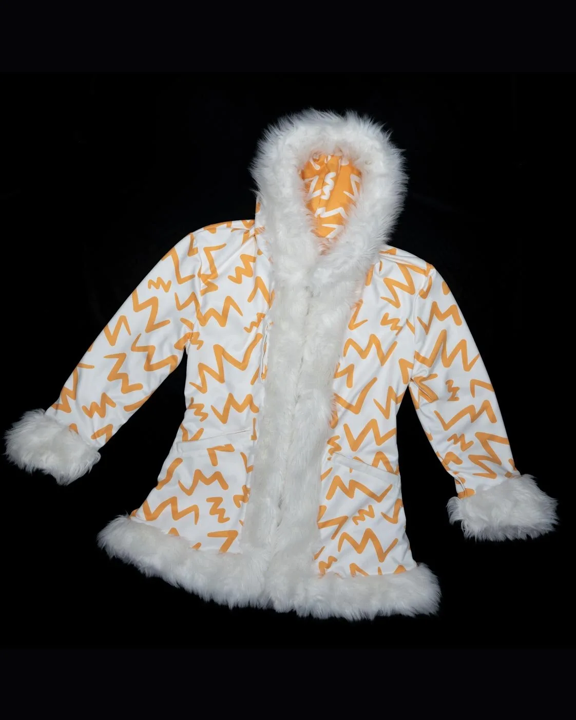 Orange and white LED fur coat, front, unlit