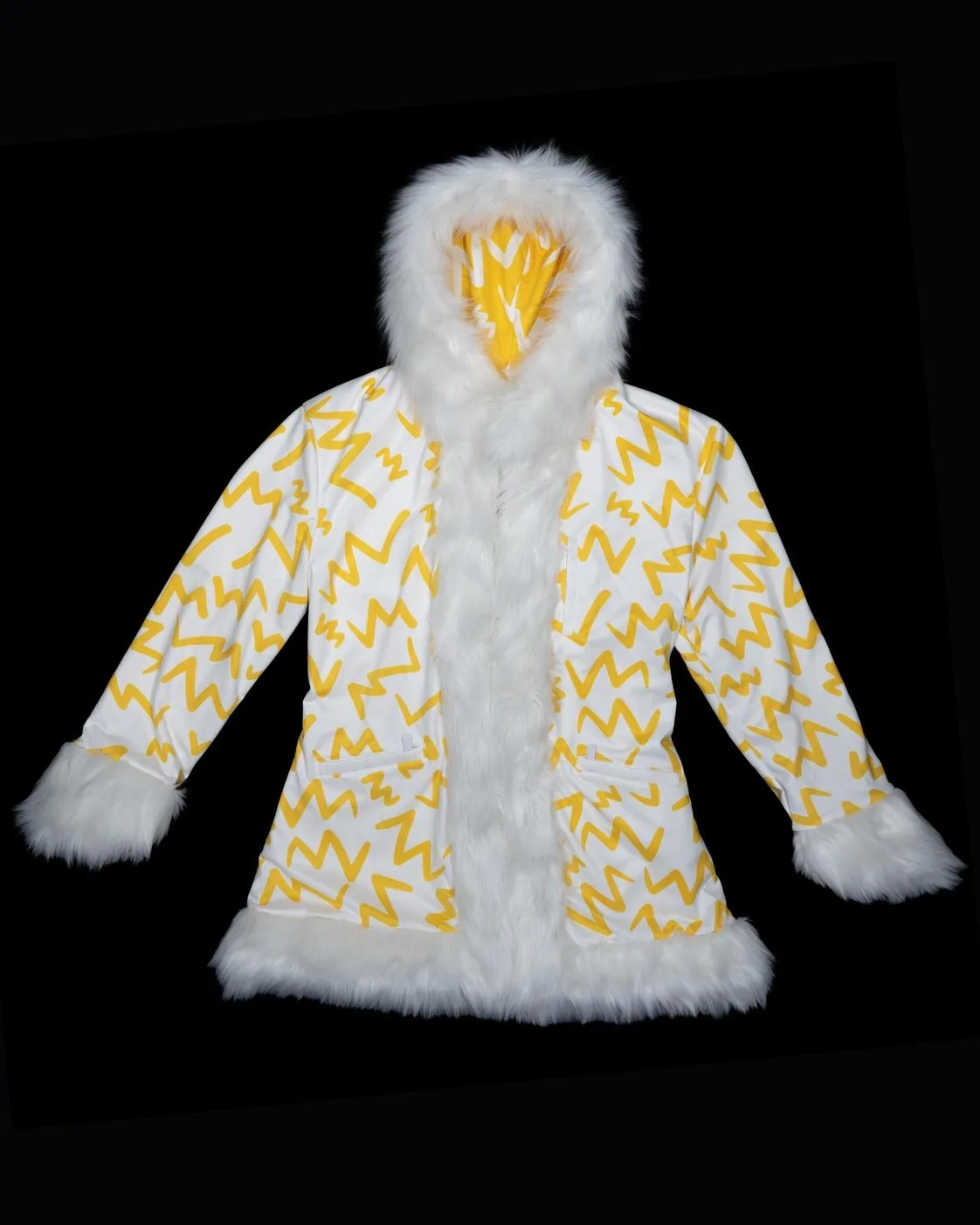 Yellow and white LED fur coat, front, unlit
