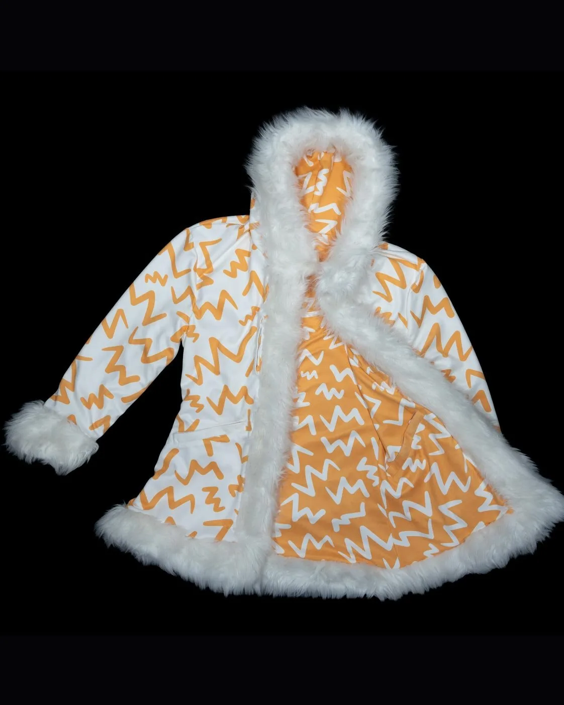 Orange and white LED fur coat, reverse side, unlit