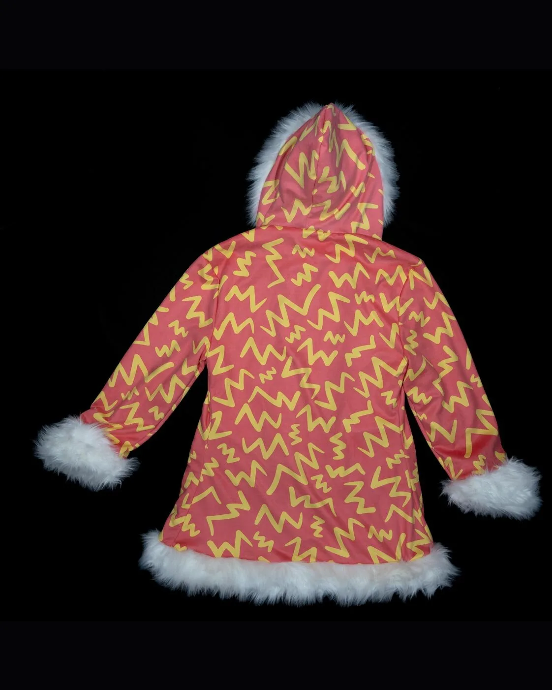 Red and yellow LED fur coat, back view, unlit
