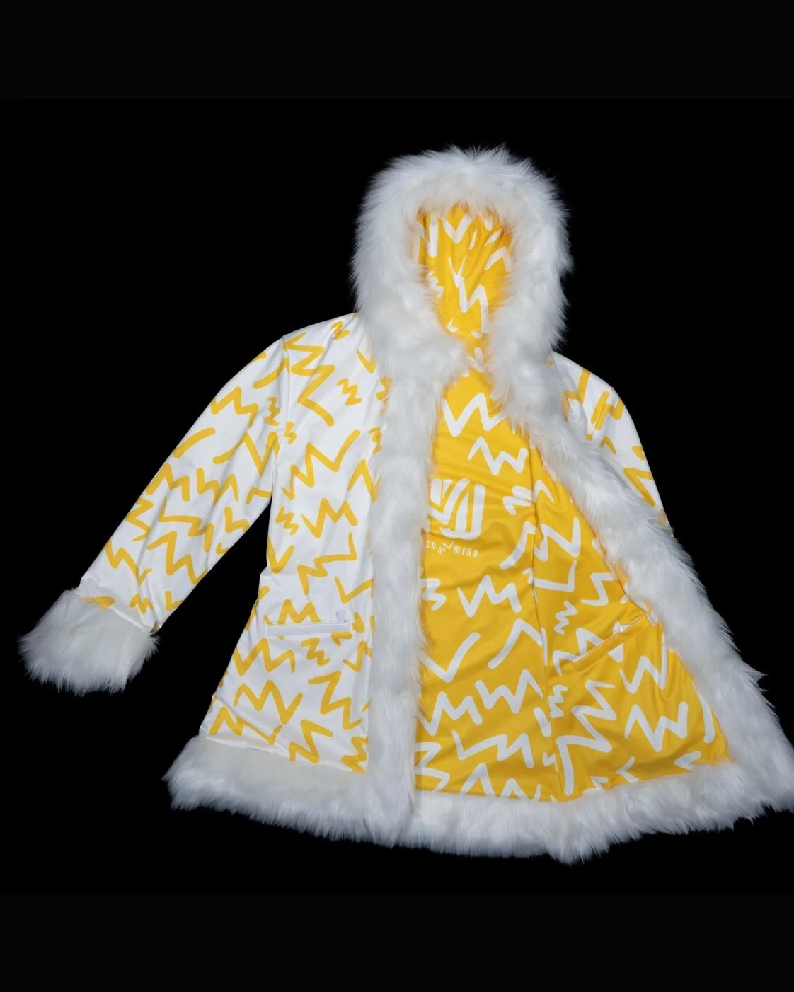 Yellow and white LED fur coat, reverse side, unlit