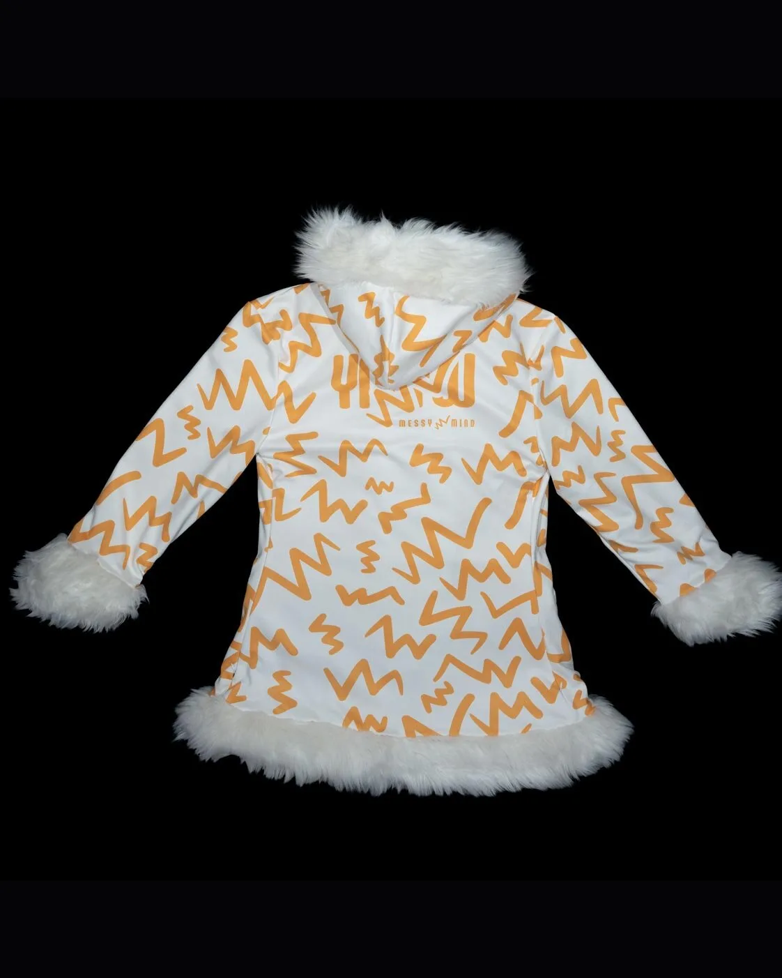 Orange and white LED fur coat sleeve and print detail