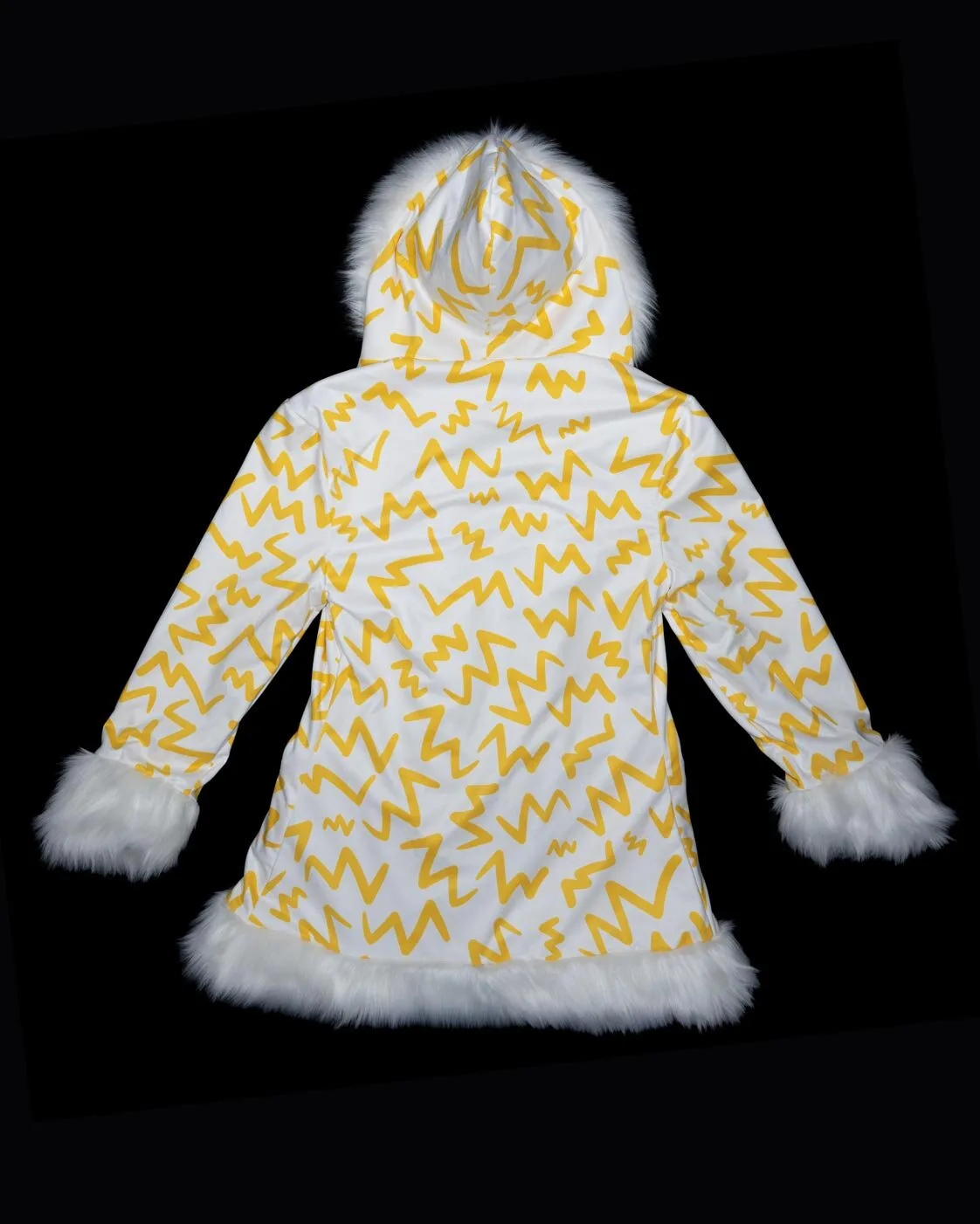 Yellow and white LED fur coat sleeve and print detail
